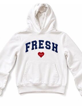 White 'FRESH' Hoodie with Red Heart Graphic